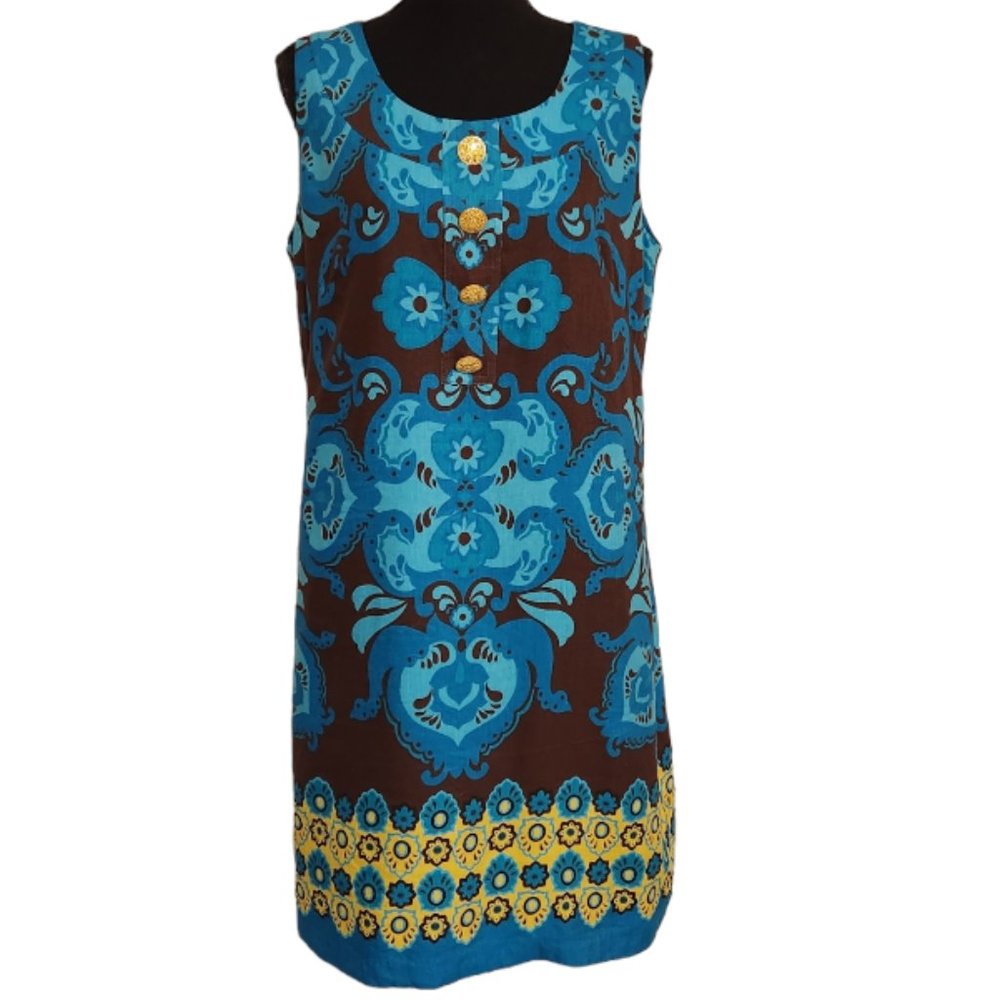 🦋Jessica Howard Sleeveless Sheath Dress | Size 14 | Blue Brown Yellow
